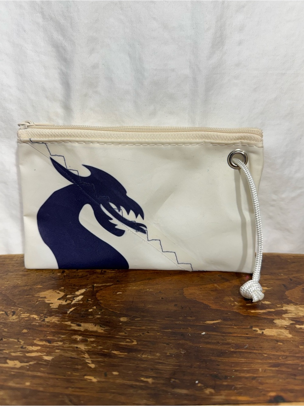 White Cosmetic Pouch with Navy Dragon Print